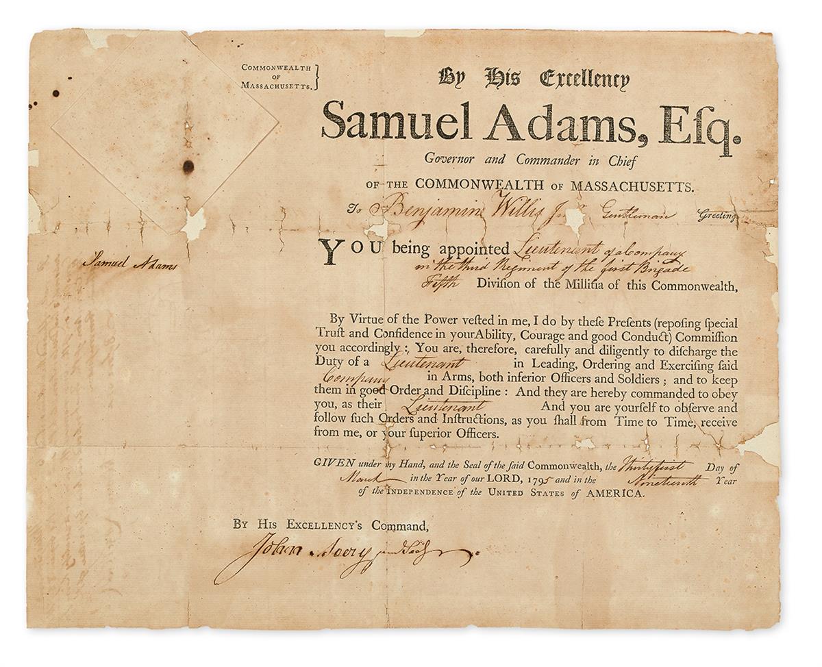 ADAMS, SAMUEL. Partly-printed Document Signed, as Governor of Massachusetts, appointing Benjamin Willis, Jr.,